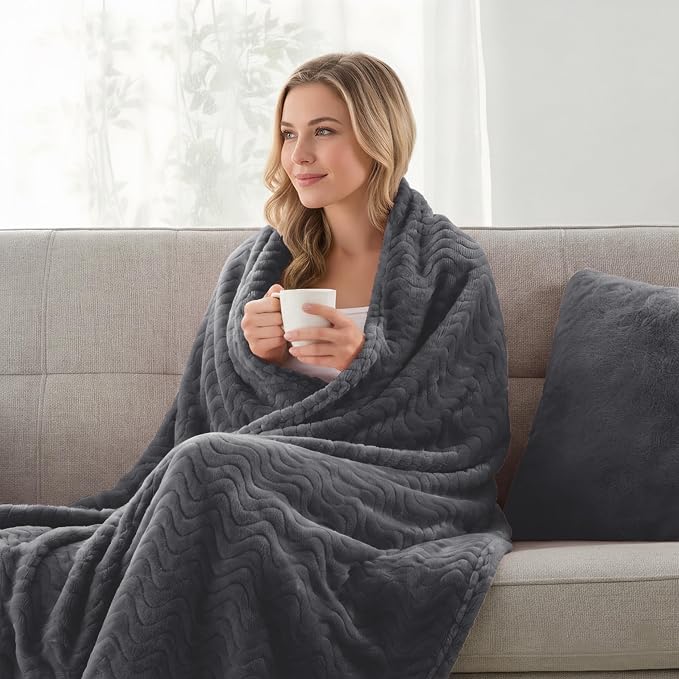 Exclusivo Mezcla Soft Fleece Blanket Queen Size for Bed, Sofa, Dark Grey | 90"x90" Breathable Lightweight Flannel Blanket for Summer, Plush Cozy Jacquard Wave for Home Decor