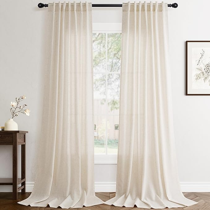 Jowels Beige Linen Curtains 84 Inch Long 2 Panels for Living Room | Tan Flax Light Filtering Sheer Curtain,Back Tab Pocket Pleated Look,Farmhouse Textured Privacy Drapes for Bedroom Window