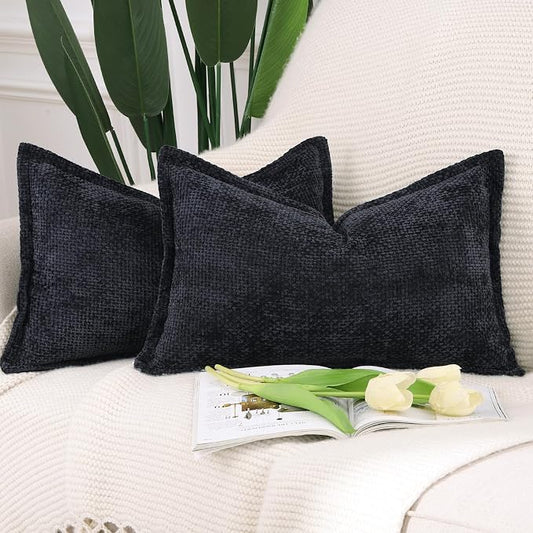 MADIZZ Decorative Chenille Velvet Throw Pillow Covers Set of 2 Soft Boho Textured Neutral Couch Throw Pillow for Bed Modern Farmhouse Home Decor for Sofa Livingroom Black 12x20 Inch