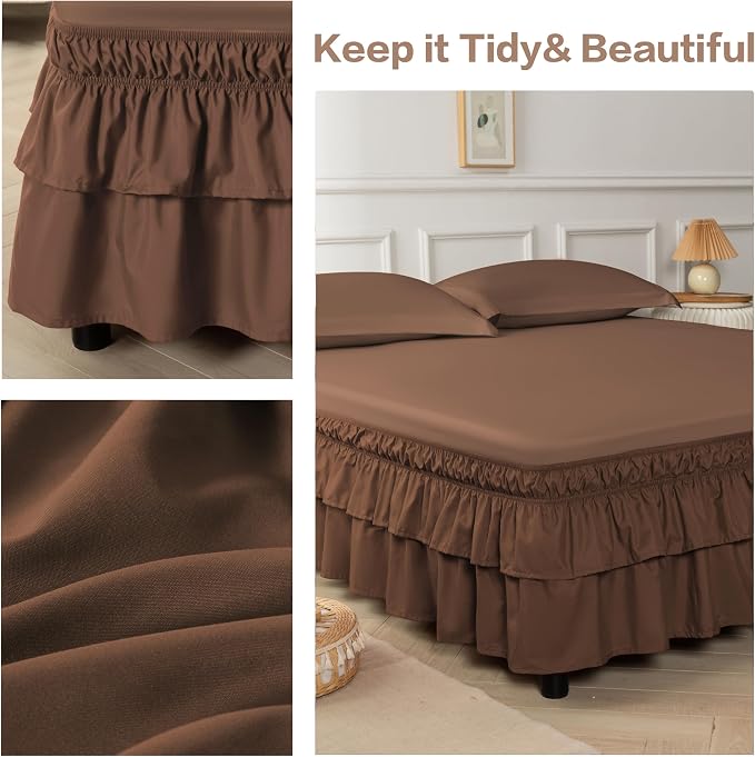 Double-Layered Ruffled Bed Skirt,Brown,Full/Queen, 14" Drop | Wrap Around, Adjustable Elastic, 2 Layer, Machine Washable Soft Fabric, Multi Ruffle Bedskirt