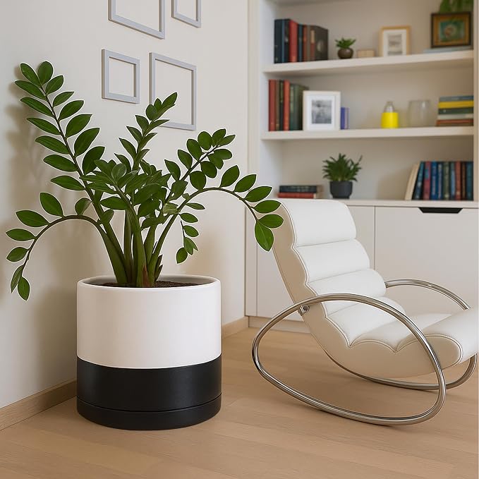 D'vine Dev 14 Inch Ceramic Planter Pot, Black White Two Tone, 94-O-G-L | Modern Cylinder Design, Drainage Hole & Saucer Included, Stable Structure, Elegant Home Accent