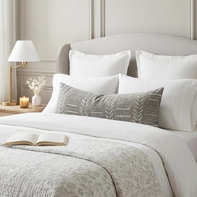 BlissBlush Decorative Long Lumbar Pillow Cover 14x36 for Bed, Light Gray Soft Woven Chenille Accent Pillow Cover for Bedroom Couch Sofa, Textured Farmhouse Boho Cushion Cover