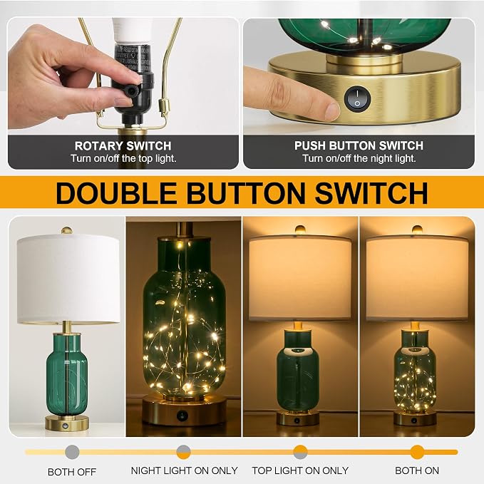 Oneach 22" Glass Table Lamps Set of 2 with Night Light for Bedroom, Green