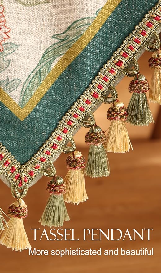 Patdrea Designer Vintage French Linen Table Runner,12"X71"-Cecilia A | Tablerunner 71 Inches Long,Green Floral Print,Decorative Runner for Dining Room Living Room Banquet,Tassel Edge