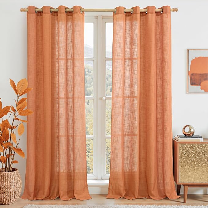 Burnt Orange Linen Curtains 95 Inch Length 2 Panels for Living Room | Linen Textured, Semi Sheer, Light Filtering, Curtains for Bedroom, Farmhouse, Boho Decor Drapes, Bronze Grommet, 52 x 95 Inch