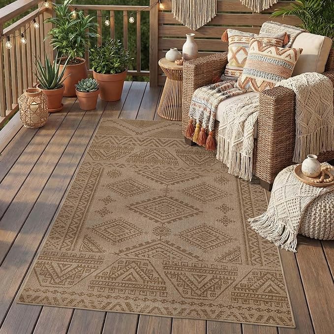 jinchan 3x5 Faux Jute Area Rug Washable Boho Entryway Rug, Natural Taupe | Southwestern Geometric, Non-Slip, Low Pile, Indoor Outdoor, Kitchen, Bathroom, Laundry Room, Porch, Balcony, Bedroom, Patio