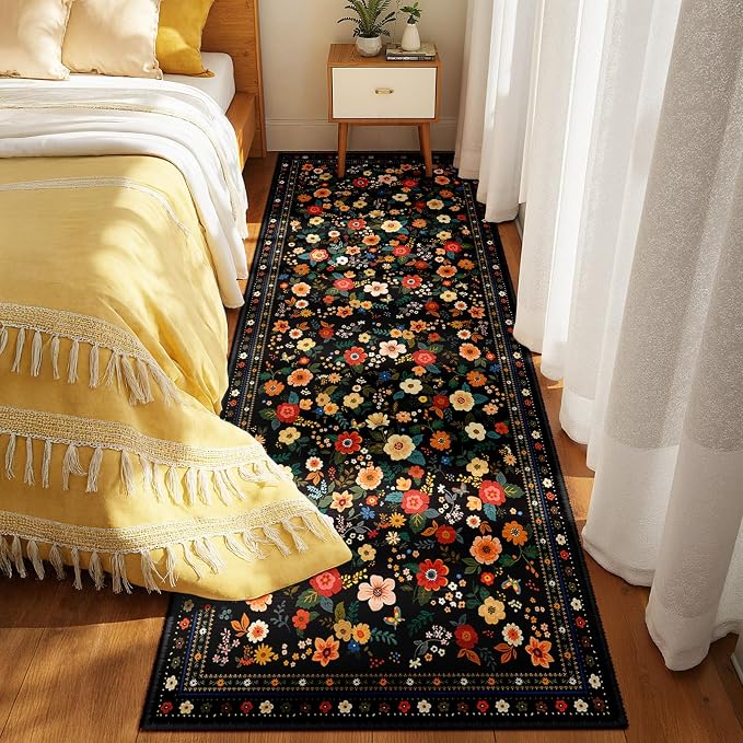 Washable Floral Area Rug for Living Room Runner 2x8 Black | Non-Slip，Vacuum-Friendly, Low Pile, Flower Carpet for Bedroom Kitchen Entryway Dining Room Office Nursery