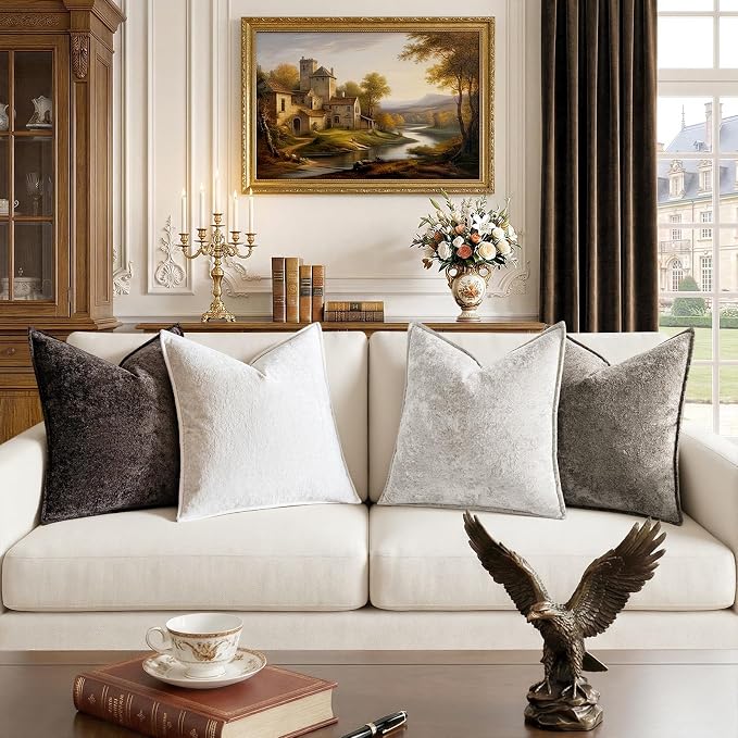 a moment Throw Pillow Covers 26X26 Inch 4 Packs,Soft Velvet Decorative Pillow Cases with 3D Ice Flower,Texture Modern Accent Cushion Covers for Sofa Couch Home Decor Urban Stone