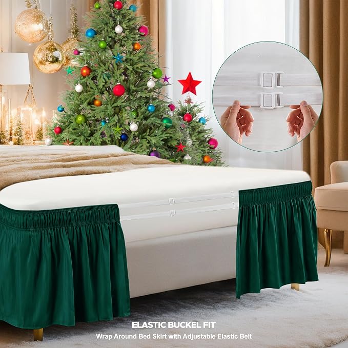Wrap Around Queen Size Bed Skirt 15" Drop-Elastic Dust Ruffle Hunter Green | Adjustable Pleated Bedskirt-Easy Fit Wrinkle Resistant Washable Hotel Quality Fabric Bed Skirting-Master Guest Bedroom Rental