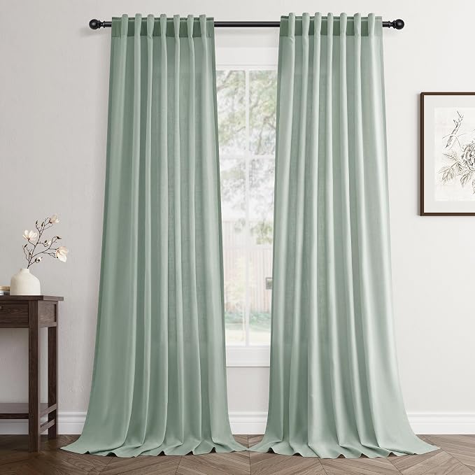 Jowels Aqua Green Linen Curtains 84 Inch Long 2 Panels for Living Room | Light Filtering Semi Sheer Curtain, Back Tab Pocket Pleated Look, Boho Farmhouse Textured Privacy Drapes for Bedroom Window