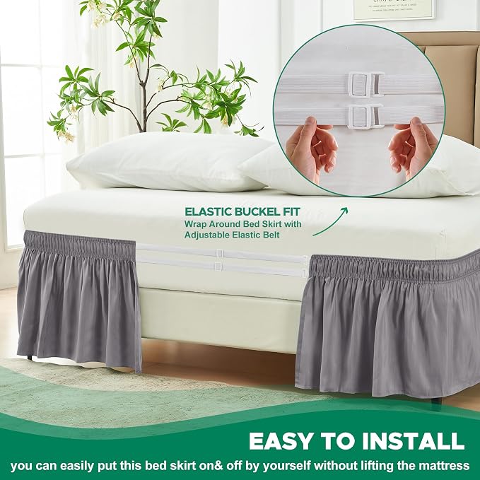 Wrap Around Queen Size Bed Skirt 17" Drop-Elastic Dust Ruffle Silver Grey | Adjustable Pleated Bedskirt-Easy Fit Wrinkle Resistant Washable Hotel Quality Fabric Bed Skirting-Master Guest Bedroom Rental