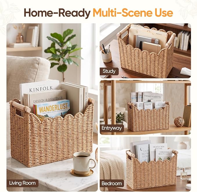 Handwoven Magazine Holder, Scalloped Edge Magazine Basket | Natural Paper Rope,Inner Iron Frame with Solid Wood Handles,For Books Newspapers Files, Office Living Room