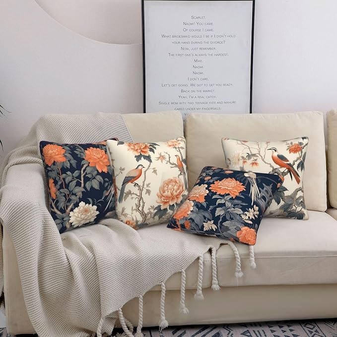 Chinoiserie Throw Pillow Covers 18x18 inch Set of 4 Peony Floral Pillow Cases Bird Flower Decorative Cushion Covers for Sofa Couch