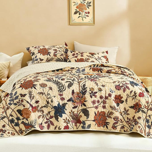 Litanika Floral Beige Quilt Set Queen - 3Pcs Botanical Birds Bedding | Bedspread Summer Lightweight Soft Coverlet with Orange Flower for All Seasons (96"x90")