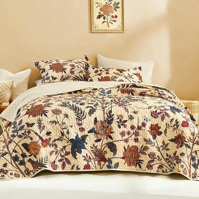 Litanika Floral Beige Quilt King - 3Pcs Botanical Birds Pattern Bed Set | Bedspread Summer Lightweight Soft Coverlet with Orange Flower for All Seasons(106"x96")