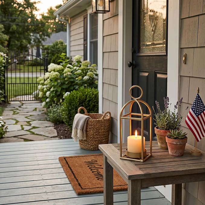 12.3" Outdoor Decorative Lanterns, Metal Candle Lanterns, Farmhouse Lantern Decor, Antique Gold Iron Lantern Candle Holders for Fireplace Mantel, Table Centerpiece,Home Decor