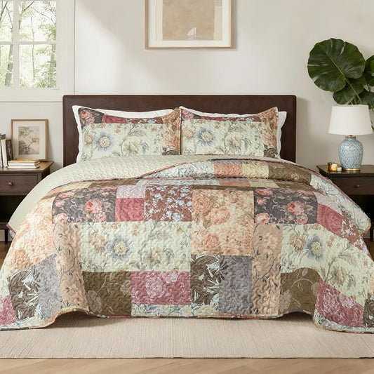 Whale Flotilla Patchwork Quilts Queen Size, Extra Soft Floral Bedspreads | Vintage Red Flowers Reversible Lightweight Full Queen Quilt Bedding Set, Printed Coverlet with 2 Pillow Shams for All Seasons