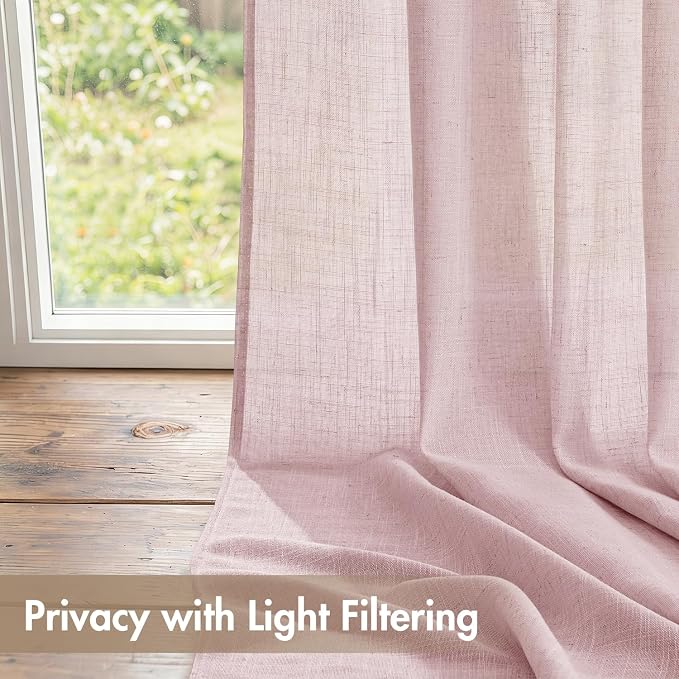 MIULEE Pink Back Tab Linen Curtains 4 Panels 42W x 84L | Linen material, light filtering, rod pocket back tab hanging, farmhouse decor for living room bedroom