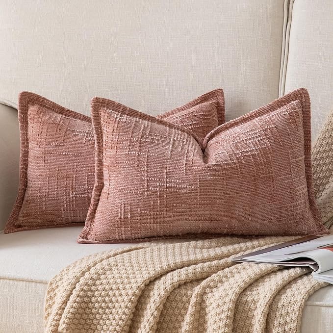 Yaertun Chenille Throw Pillow Covers 12x20 Inch Set of 2 Textured Broadside Soft Cozy Velvet Pillow Covers Modern Farmhouse Boho Decorative Pillow Cases for Couch Bed Sofa Livingroom Dusty Pink