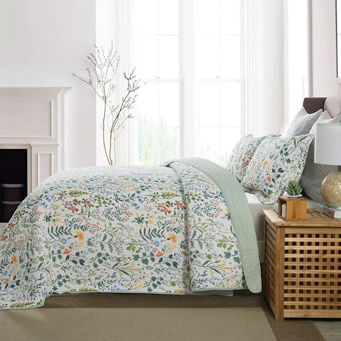 NEWLAKE Cotton Bedspread Quilt Sets-Reversible Patchwork Coverlet Set, Green Classic Floral Pattern, Queen Size