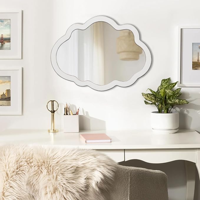 Rustic Small Cloud Mirror 16 X 12 Inch, Distressed White | Wooden Frame, Wall Hanging Scalloped Unique Wavy Mirrors for Entryway, Farmhouse Irregular Wall Mirror for Living Room