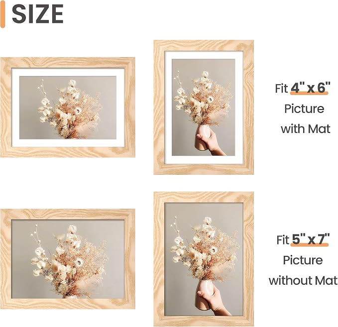 upsimples 5x7 Picture Frame Set of 10, Display Pictures 4x6 with Mat or 5x7 Without, Multi Photo Frames Collage for Wall or Tabletop Display, Natural