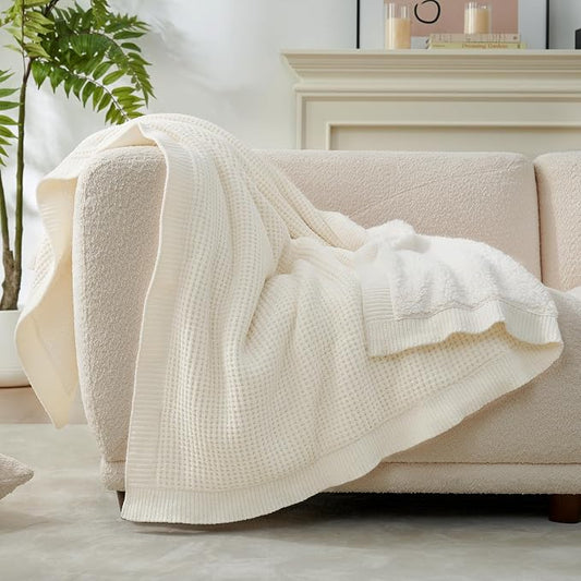 Amélie Home Reversible Waffle Weave Throw Blanket, Chenille Knit with Warm Sherpa, Soft Cozy Blanket for Couch, 50"x60", Ivory