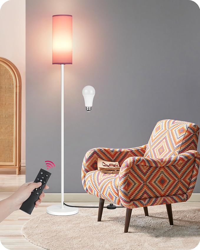 Dimmable Floor Lamps for Living Room with Remote and Foot Switch, 64.4” Modern Standing Tall Lamp, Corner Lamp for Bedroom, Bulb Included, 3000K-6500K, FCC Listed, Pink and White WP06LD05W1