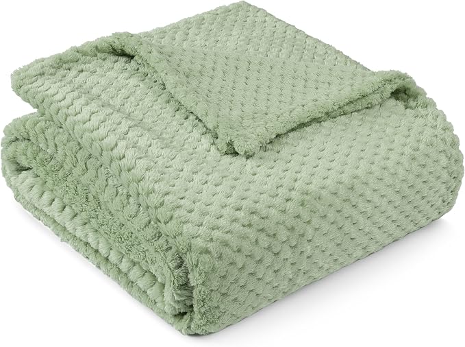 PAVILIA Sage Green Fleece Throw Blanket for Couch Sofa Bed, Soft Fuzzy Waffle Jacquard Microfiber, Warm Lightweight Fade-Resistant Decorative All Season Throw, 50x60