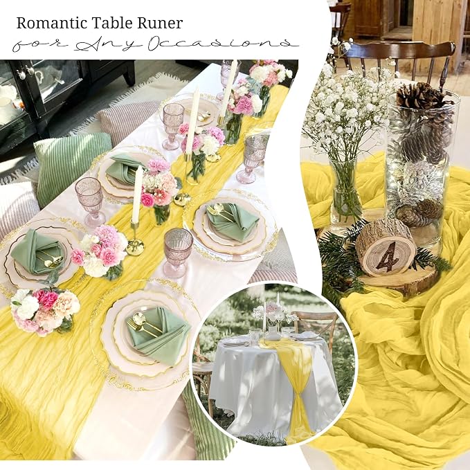 10 Pack Light Yellow Cheesecloth Table Runner 17x108 Inch Boho Gauze Cheese Cloth Table Runners for Wedding Party Baby Shower Birthday Home Decor
