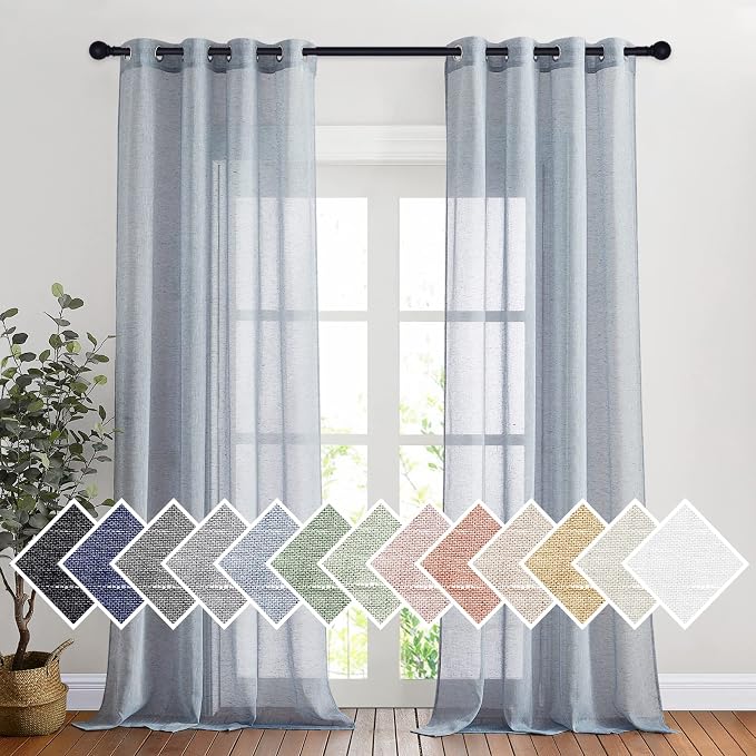 NICETOWN Sheer Curtains Flax Texture for Bedroom, Retro Grommet Top Linen Textured Semitransparent Privacy Window Treatment Light Filter for Living Room, 52" W x 108" L, Set of 2, Sea Mist
