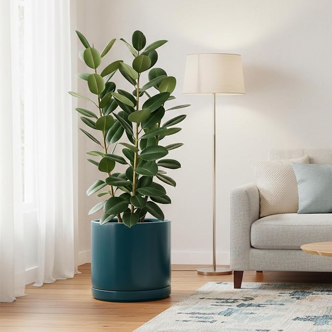 D'vine Dev 14 Inch Ceramic Planter Pot, Teal, 94-O-G-9 | Modern Cylinder Design, Drainage Hole & Saucer Included, Stable Structure, Elegant Home Accent