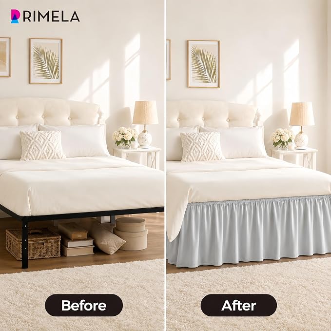 Ice Grey Bed Skirt Queen Size 15" Drop, Elastic Wrap Around Bedskirt | Solid Ruffled, Easy to Use, No Mattress Lifting, Wrinkle & Fade Resistant, with Adhesive Strips, Machine Wash/Dry/Iron