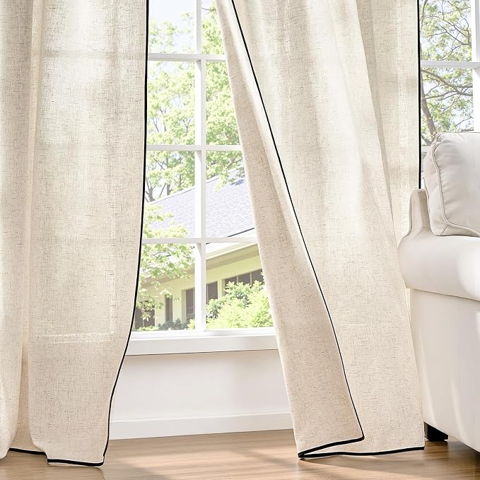 jinchan Beige Linen Curtains with Black Trim Back Tab 50x108 Inch 2 Panels | Semi sheer light filtering, modern farmhouse curtains for living room and bedroom, back tab rod pocket, machine washable