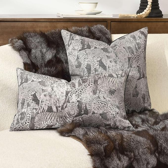 Wildlife Safari Throw Pillow Cover 18x18 inch, Animal Jacquard Cushion Cover, Lion Tiger Cheetah Zebra Giraffe Pattern, Decorative Pillow Case with Hidden Zipper for Living Room Couch