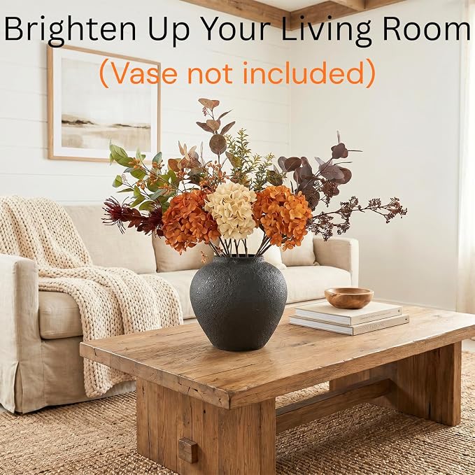 Fall Centerpieces for Tables - Burnt Orange Hydrangea & Eucalyptus Stems | Large Faux Floral Arrangement, Real Touch Artificial Fall Flowers for Thanksgiving & Autumn Dining Table