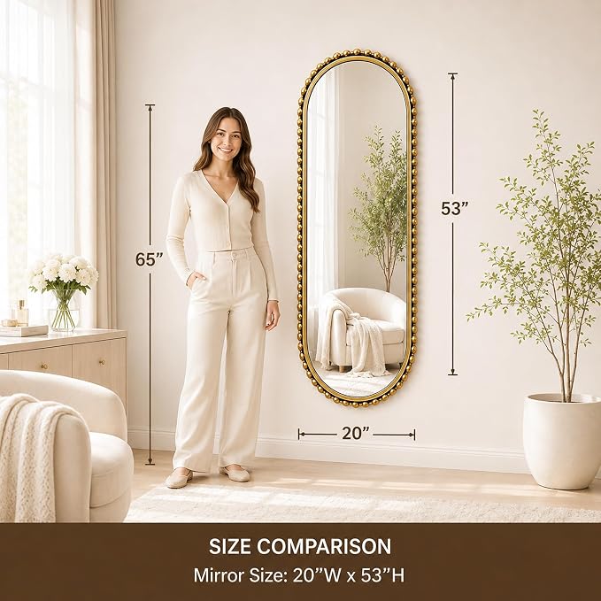 20"x53" Oval Full Length Wall Mirror, Unique Bold Beaded Frame | Antique gold long oval mirror, vertical or horizontal hanging for dressing room, bathroom, entryway, bedroom, living room