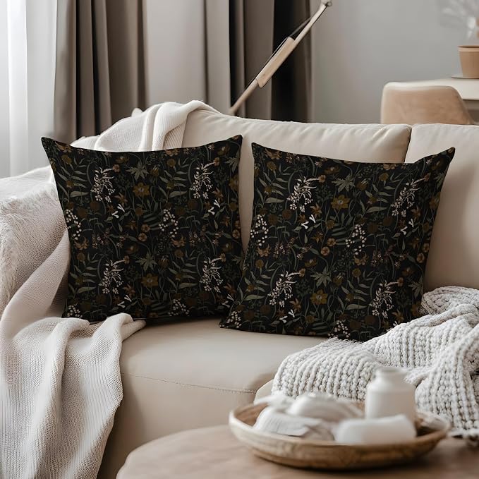 Vintage Moody Floral Pillow Covers 18x18, Dark Cottagecore Room Decor, Retro Dark Academia Wildflower Plant Botanical Decorative Throw Pillow Covers for Home Bedroom Living Room