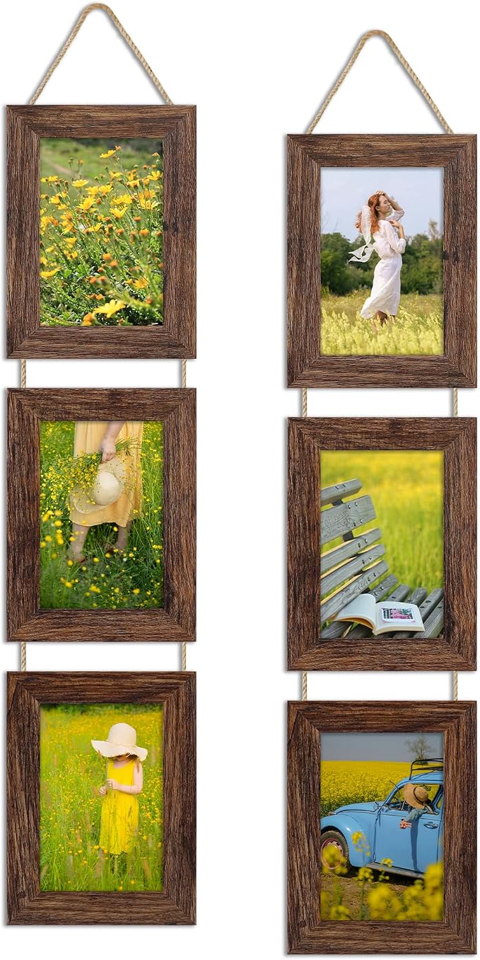 4x6 Collage Picture Frames Set of 2, Rustic Wooden Real Glass Vertical Hanging 3 Opening 4 by 6 Photo Frame, Distressed Brown