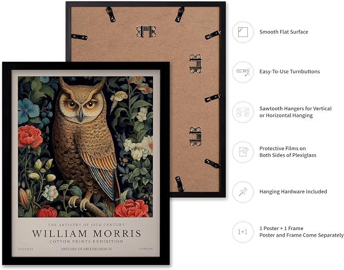 Monem Art William Morris Poster - Owl and Flowers Print - Bird Art - Botanical Poster - Floral Illustration - Bedroom or Office Decor - 16x20 Black Framed