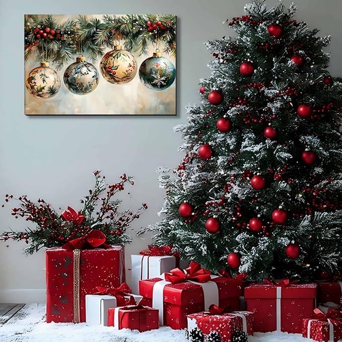 FLZYKGPA Vintage Christmas Canvas Pictures for Living Room & Bedroom Decor, Christmas Wall Decor 16x24in, Holiday Wall Art for Office, Floral Christmas Painting, Victorian Flower Holly Garland