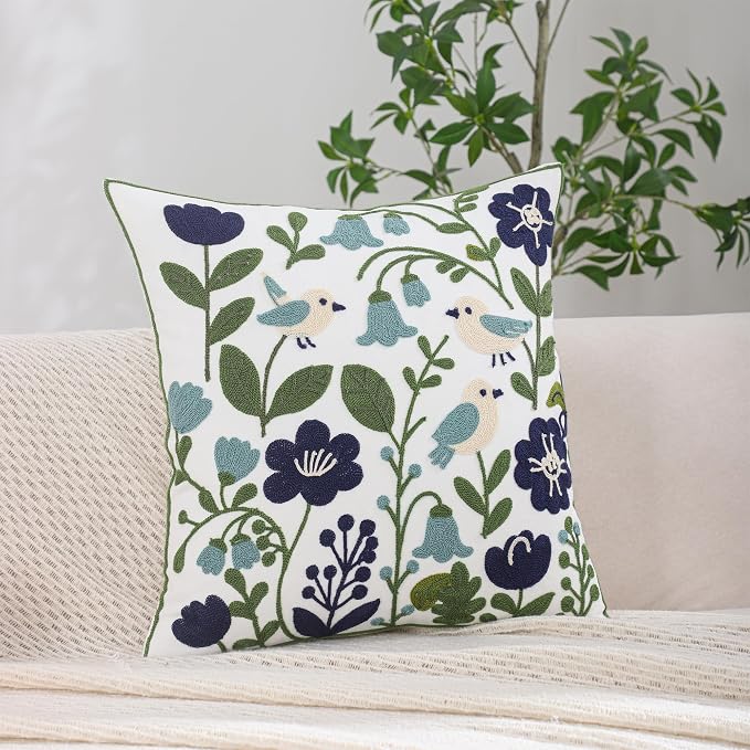 Embroidered Throw Pillow Covers 18x18 Pack of 2 Birds Pillow Covers Green Leaves with Floral Pillowcases Farmhouse Pillow Cushion Cases Square Navy Blue Flower Pillow Case Summer Home Decor