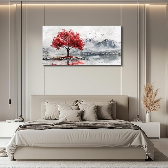 QIYILEXWART Canvas Wall Art For Living Room Wall Decor For Bedroom Office Wall Decoration Red Tree Landscape Painting Farmhouse Pictures Artwork Room Aesthetic Home Decor 20x40 In