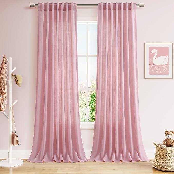 Rose Linen Curtains 108 Inches Long 2 Panels Set with Back Tab Loop Pocket Light Filtering Semi Sheer Boho Decor Extra Long Drapes for High Ceiling Living Room 52x108