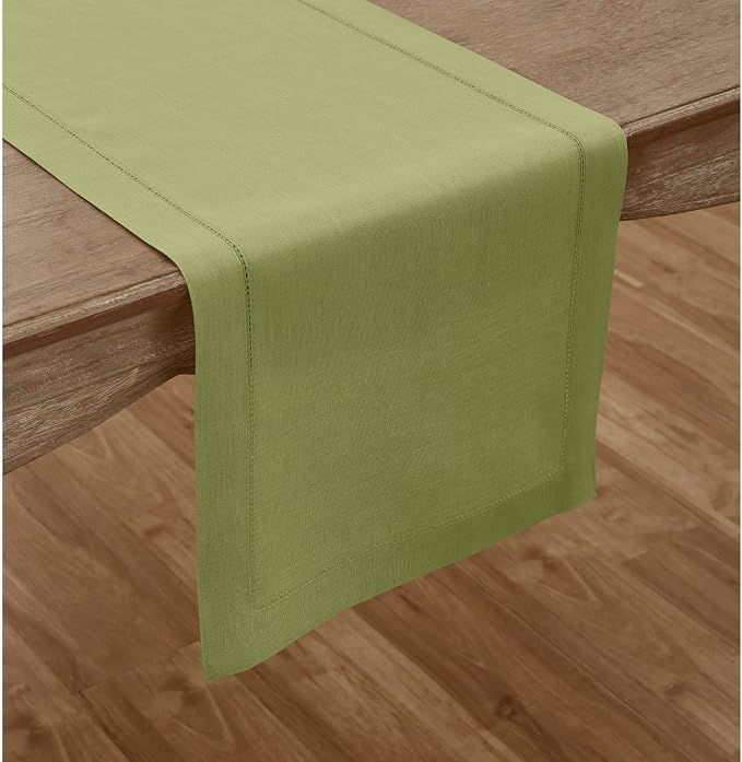 Solino Home 100% Pure Linen Table Runner Moss Green Hemstitch, 14 x 60 in | Classic Hemstitch, dresses up dining tables for everyday meals, hemstitched border, mitered corners, soft, OEKO-TEX Certified