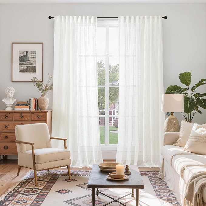YoungsTex 84 Inch Length Linen Semi Sheer Curtains for Living Room, Light Filtering Drapes Lightweight with Rod Pocket Back Tab Textured Rustic for Bedroom, 2 Panels, 52 X 84 Inch