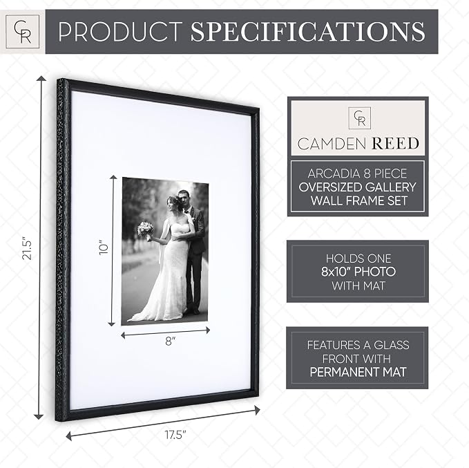 Arcadia Gallery Wall Frame Set, 16x20 and 16x16 Inch Matted Frames, 8x10 and 5x7 Inch Display, Black, 8 Piece