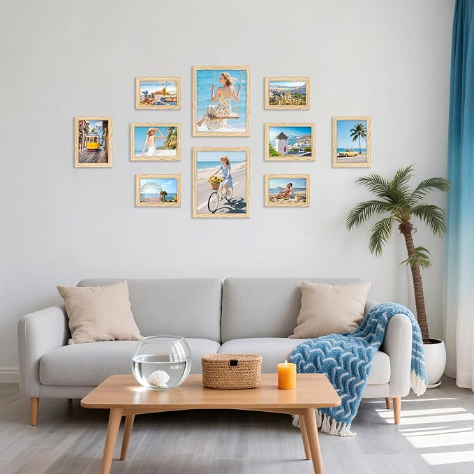 decorUhome 10 Pack Assorted Picture Frame Set for Wall & Tabletop, P0710NT | Natural, Multi Size Picture Frame Includes Two 8x10 / Four 5x7 / Four 4x6 for Family Gallery Wall