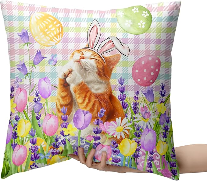 Spring Easter Pillow Covers 24x24 Set of 2 Lovely Cow Cat and Ginger Cat Wearing Bunny Ears Throw Pillow Covers Tulip Floral Pillow Case for Easter Decoration Sofa Patio Garden