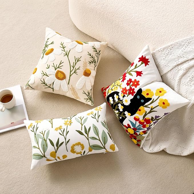 Embroidered Floral Lumbar Pillow Covers Flowers Decorative Couch Pillow Covers Farmhouse Green Floral Tufted Pillow Covers 12x20 Square Cushion Cases Set of 2 for Living Room Couch Sofa Bed Home Decor